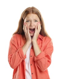 Photo of Teenage girl suffering from panic attack on white background