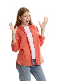 Photo of Teenage girl suffering from panic attack on white background