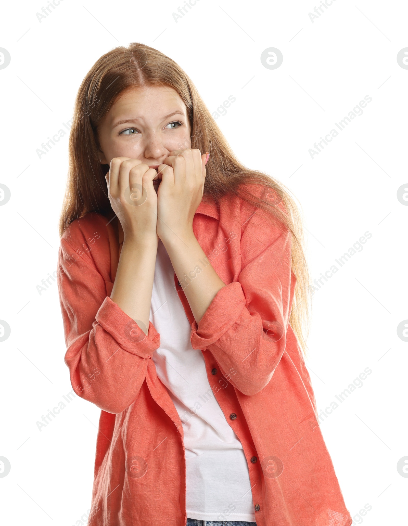 Photo of Teenage girl suffering from panic attack on white background