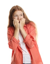 Photo of Teenage girl suffering from panic attack on white background