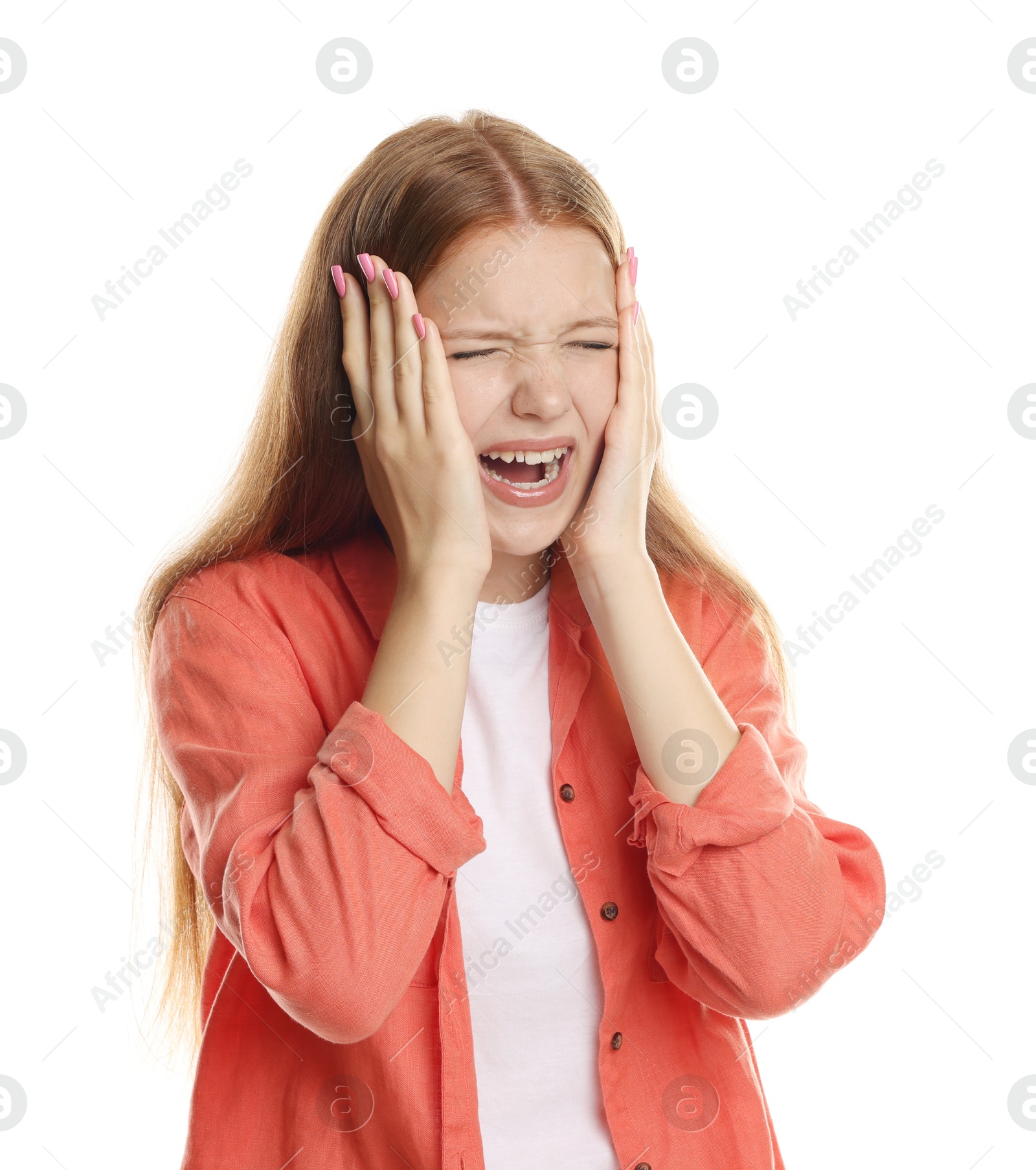 Teenage girl suffering from panic attack on white background Photo of Teenage girl suffering from panic attack on white background