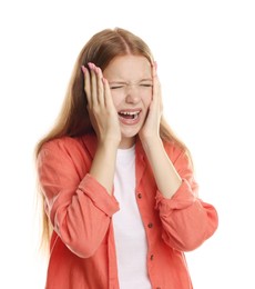 Photo of Teenage girl suffering from panic attack on white background