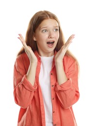 Photo of Teenage girl suffering from panic attack on white background