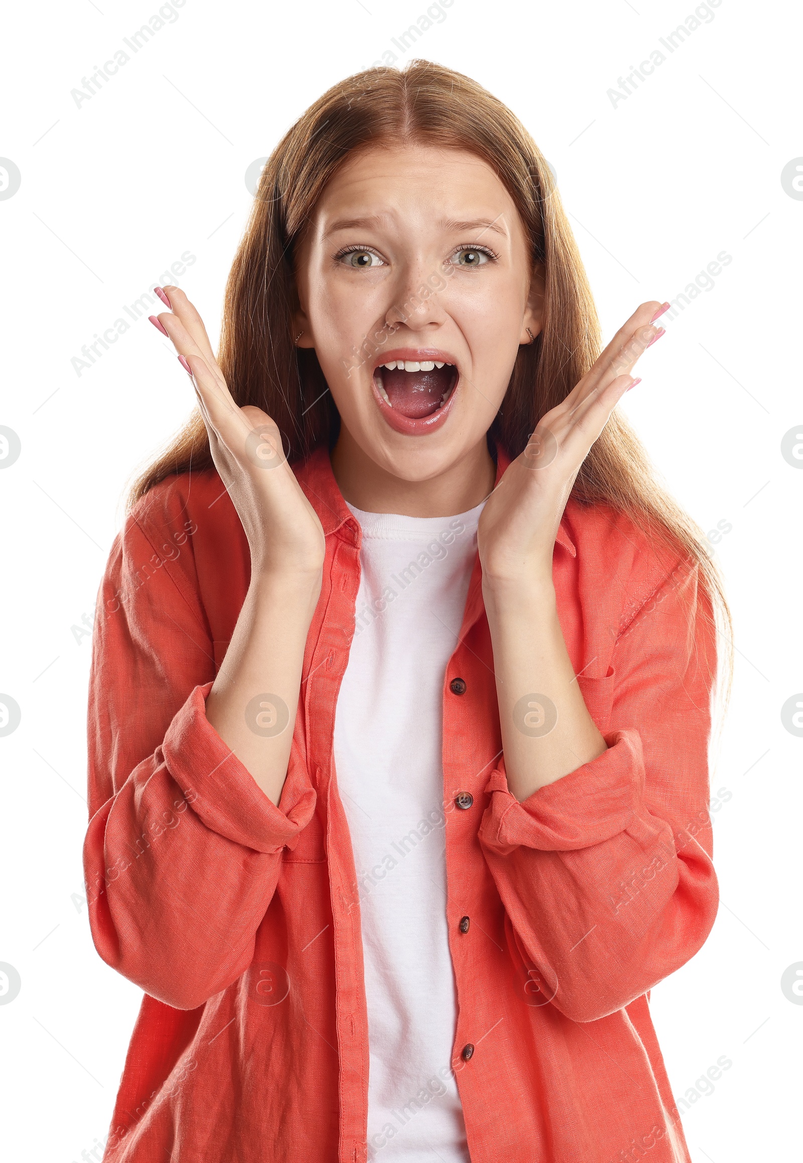 Teenage girl suffering from panic attack on white background Photo of Teenage girl suffering from panic attack on white background
