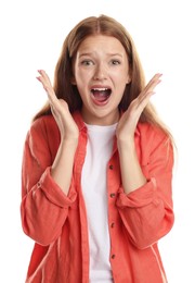 Photo of Teenage girl suffering from panic attack on white background
