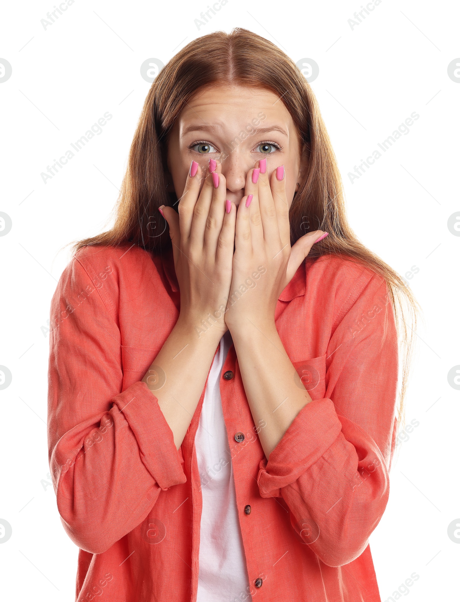 Teenage girl suffering from panic attack on white background Photo of Teenage girl suffering from panic attack on white background