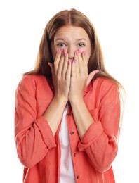 Photo of Teenage girl suffering from panic attack on white background