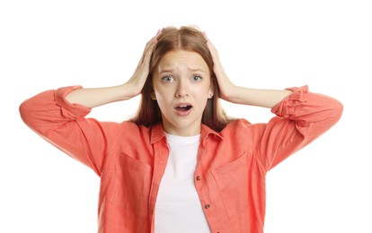 Photo of Teenage girl suffering from panic attack on white background