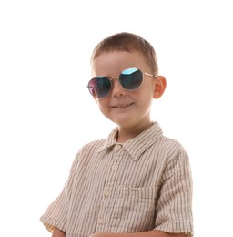 Photo of Smiling boy in sunglasses on white background