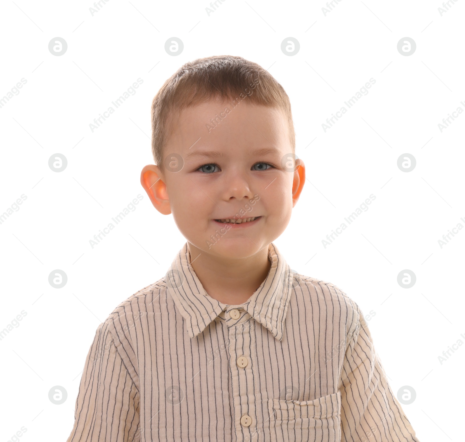 Photo of Portrait of smiling boy on white background