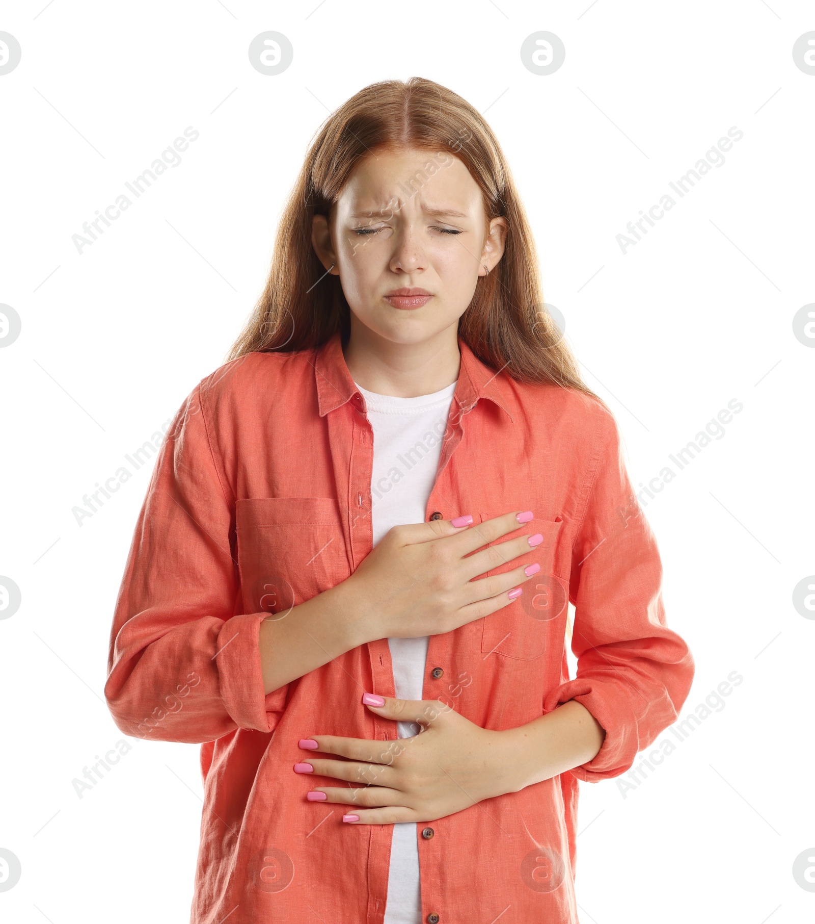 Teenage girl deep breathing on white background. Way to stop panic attack Photo of Teenage girl deep breathing on white background. Way to stop panic attack