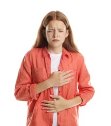 Photo of Teenage girl deep breathing on white background. Way to stop panic attack