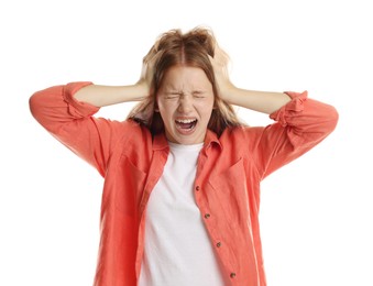 Photo of Teenage girl suffering from panic attack on white background