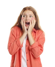 Photo of Teenage girl suffering from panic attack on white background
