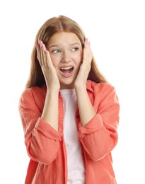 Photo of Teenage girl suffering from panic attack on white background