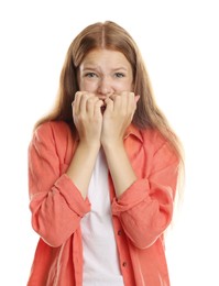 Photo of Teenage girl suffering from panic attack on white background