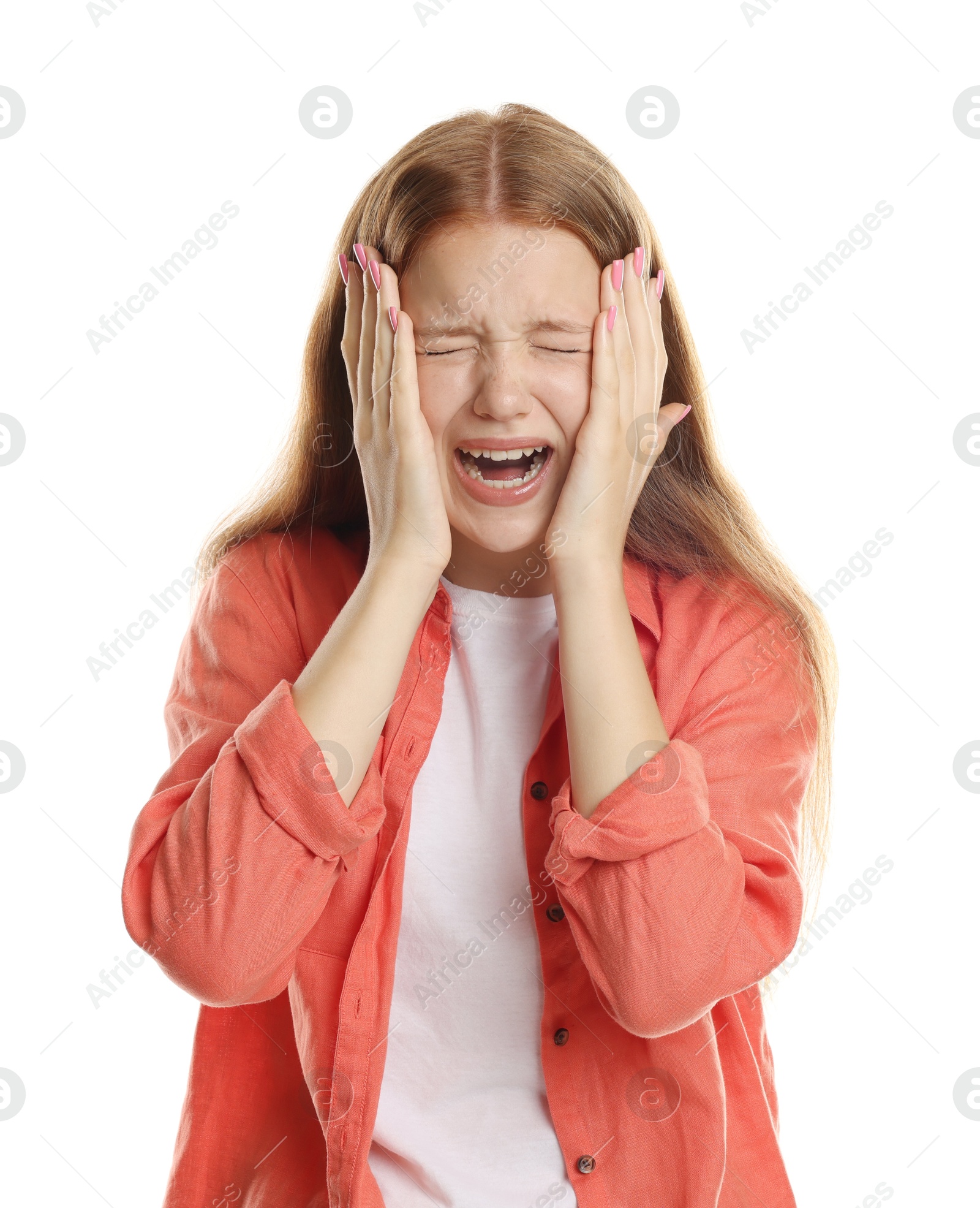 Photo of Teenage girl suffering from panic attack on white background
