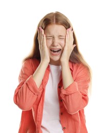 Photo of Teenage girl suffering from panic attack on white background