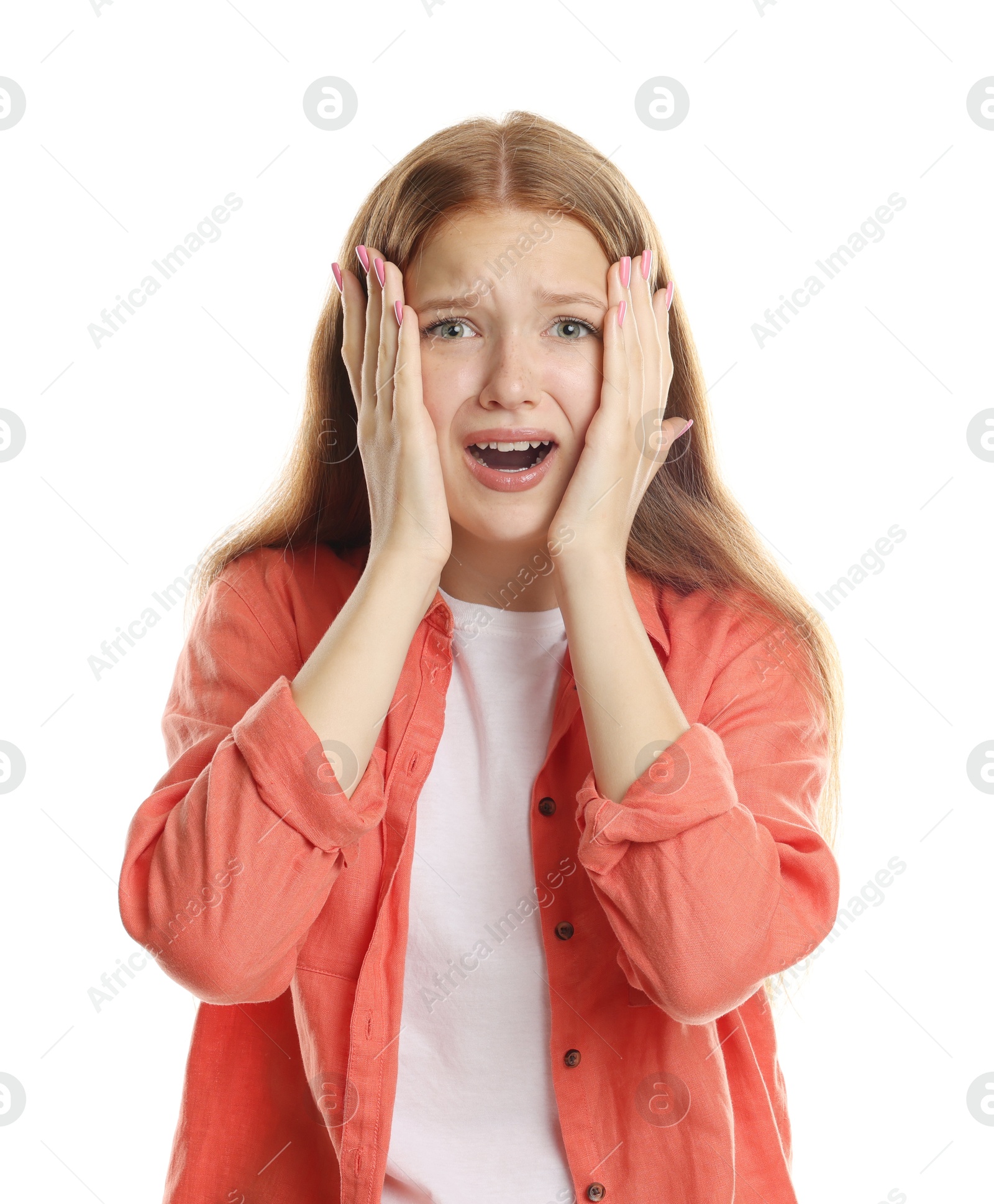 Photo of Teenage girl suffering from panic attack on white background