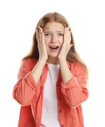 Photo of Teenage girl suffering from panic attack on white background