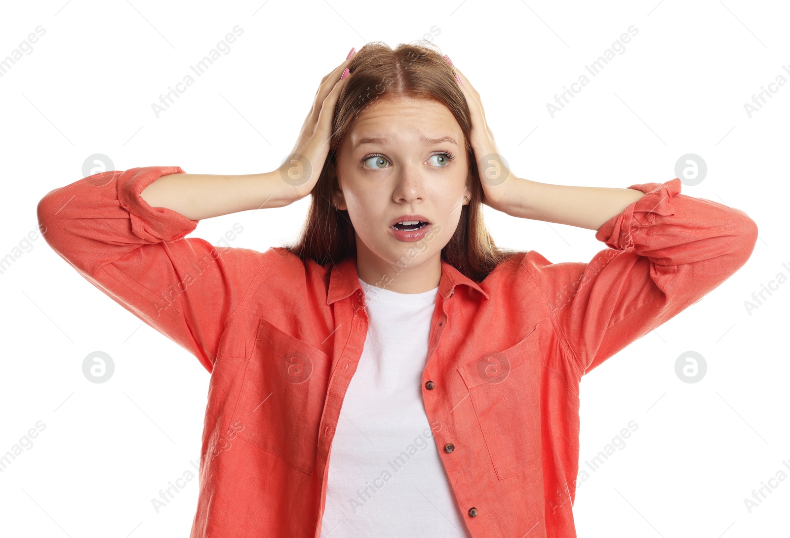Photo of Teenage girl suffering from panic attack on white background