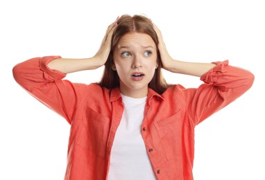 Photo of Teenage girl suffering from panic attack on white background