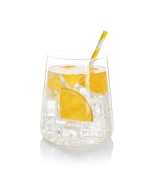 Photo of Sparkling water with orange slices in glass isolated on white