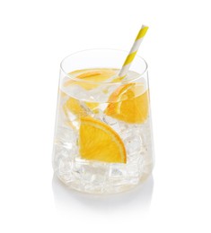 Photo of Sparkling water with orange slices in glass isolated on white