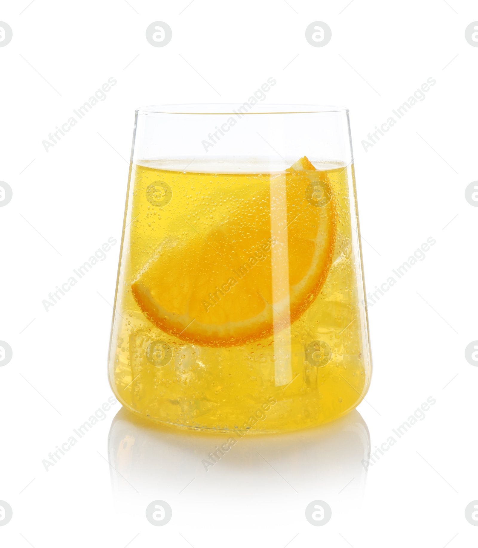 Photo of Refreshing soda water with orange slice in glass isolated on white