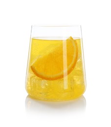 Photo of Refreshing soda water with orange slice in glass isolated on white