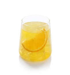 Photo of Refreshing soda water with orange slice in glass isolated on white