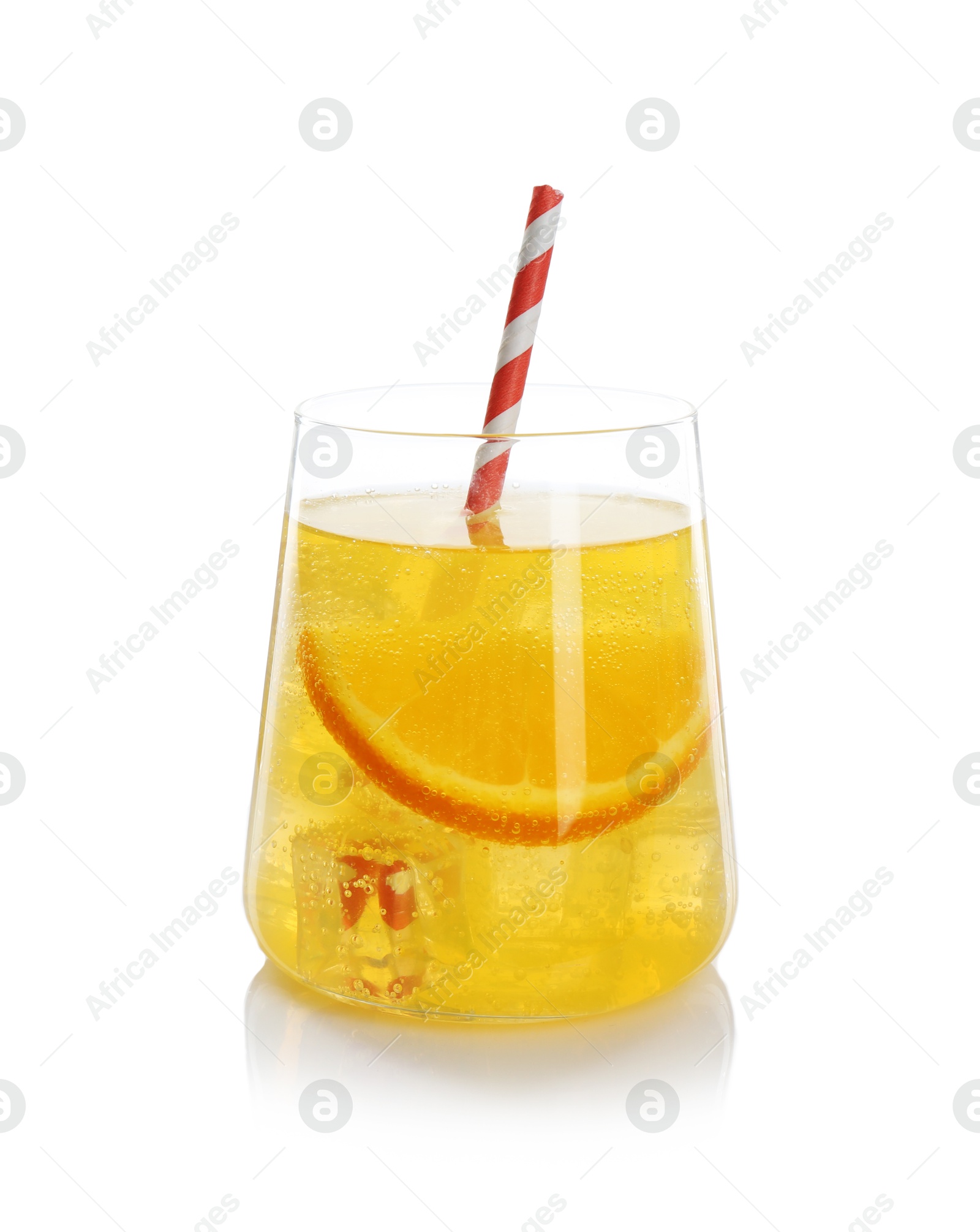 Photo of Refreshing soda water with orange slice in glass isolated on white