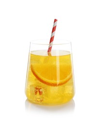 Photo of Refreshing soda water with orange slice in glass isolated on white