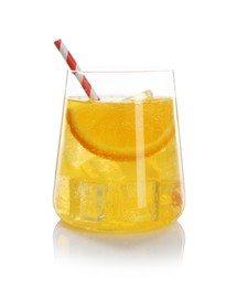 Photo of Refreshing soda water with orange slice in glass isolated on white