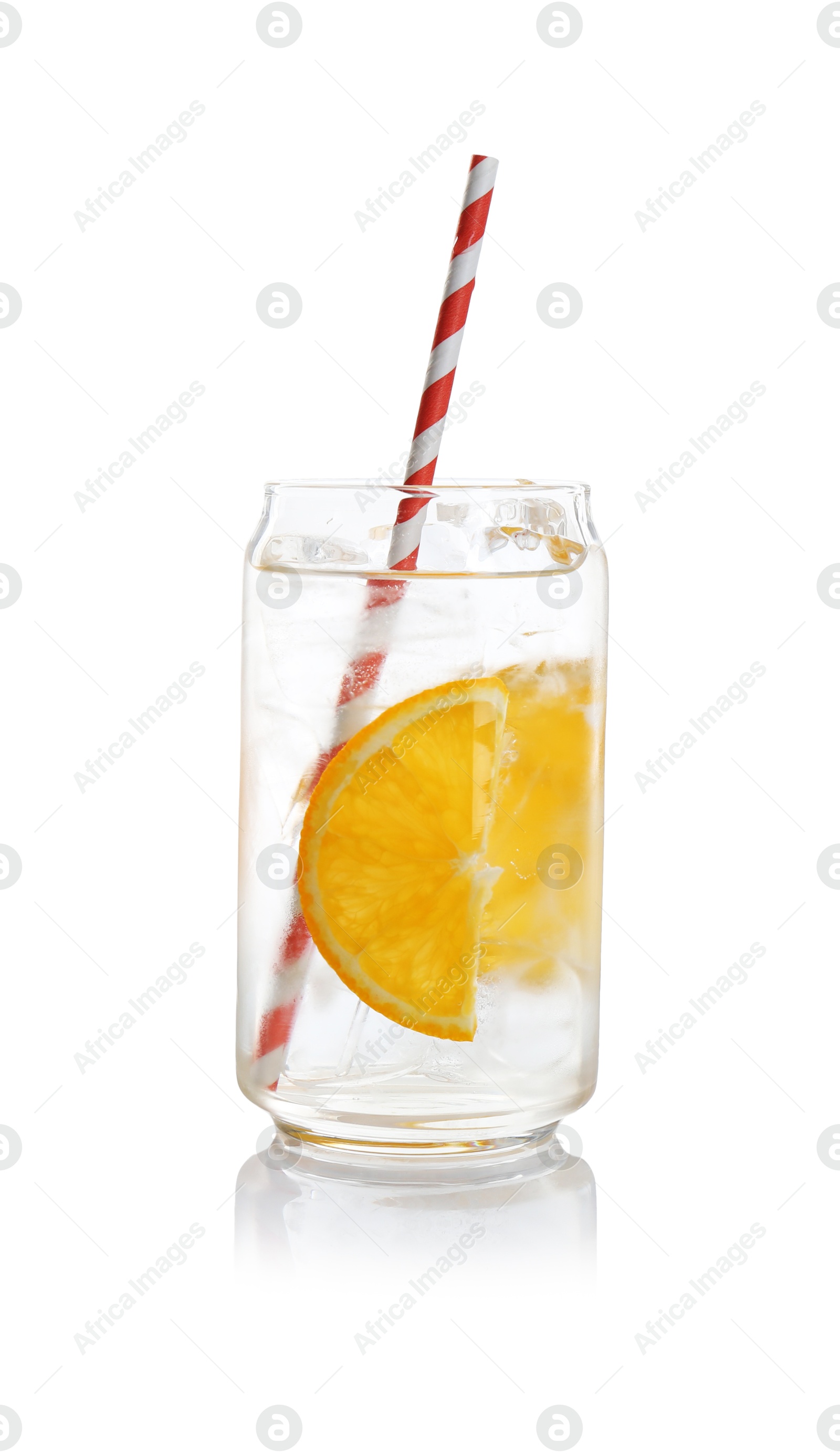 Photo of Sparkling water with orange slices in glass isolated on white
