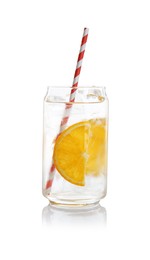 Photo of Sparkling water with orange slices in glass isolated on white