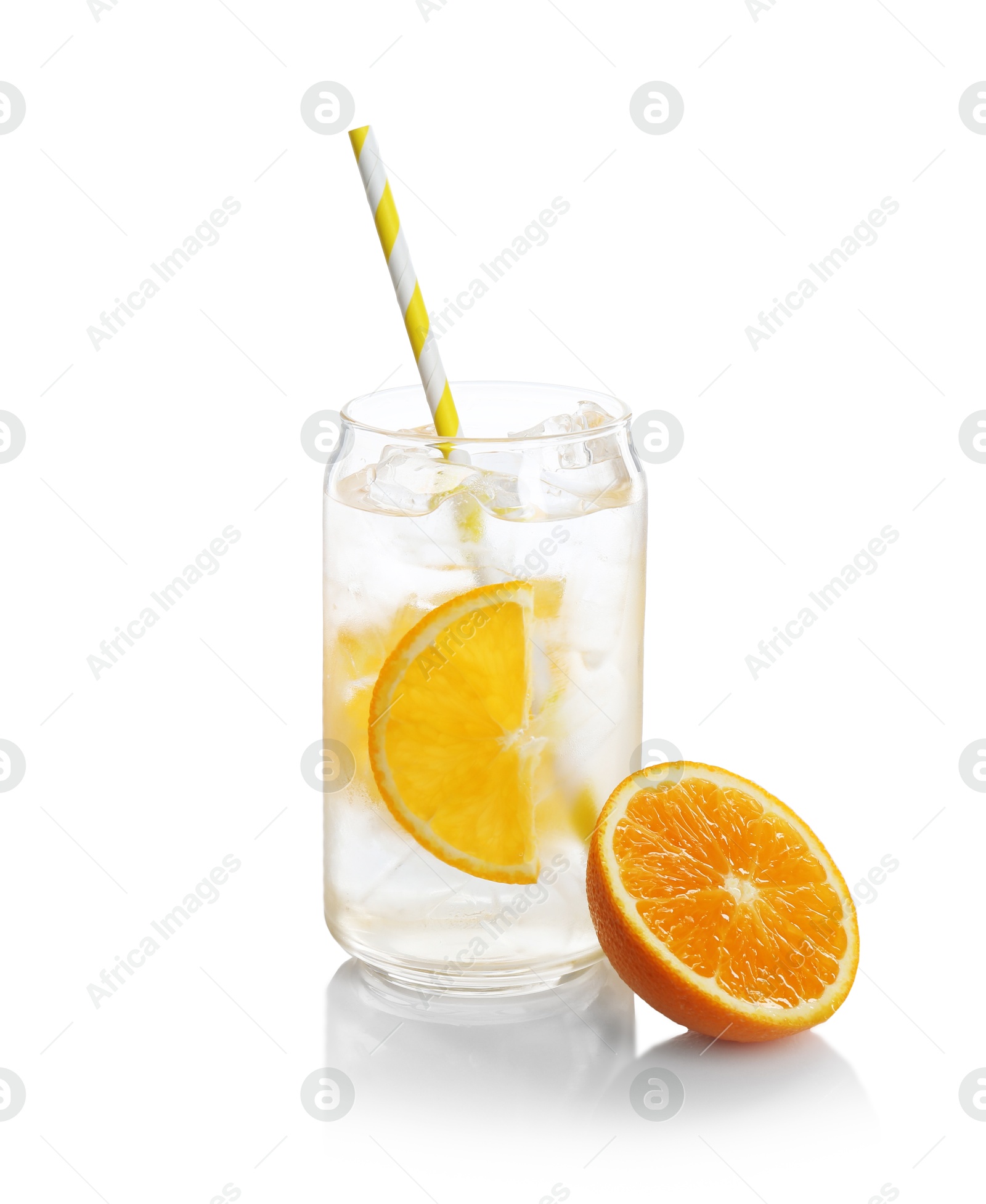 Photo of Sparkling water with orange slices in glass and fresh fruit isolated on white