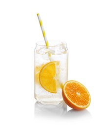 Photo of Sparkling water with orange slices in glass and fresh fruit isolated on white