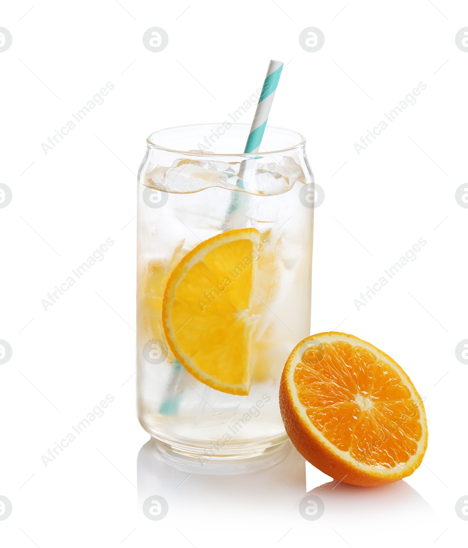 Photo of Sparkling water with orange slices in glass and fresh fruit isolated on white