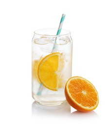 Photo of Sparkling water with orange slices in glass and fresh fruit isolated on white