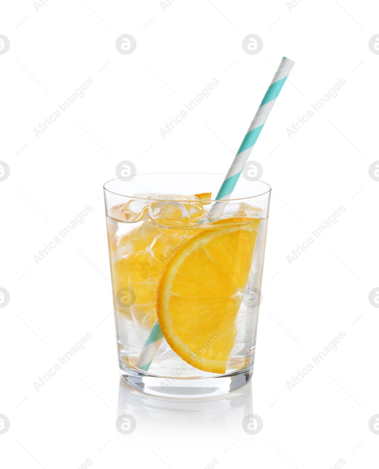 Photo of Sparkling water with orange slices in glass isolated on white