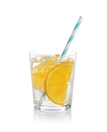 Photo of Sparkling water with orange slices in glass isolated on white