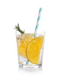 Photo of Sparkling water with orange slices and rosemary in glass isolated on white
