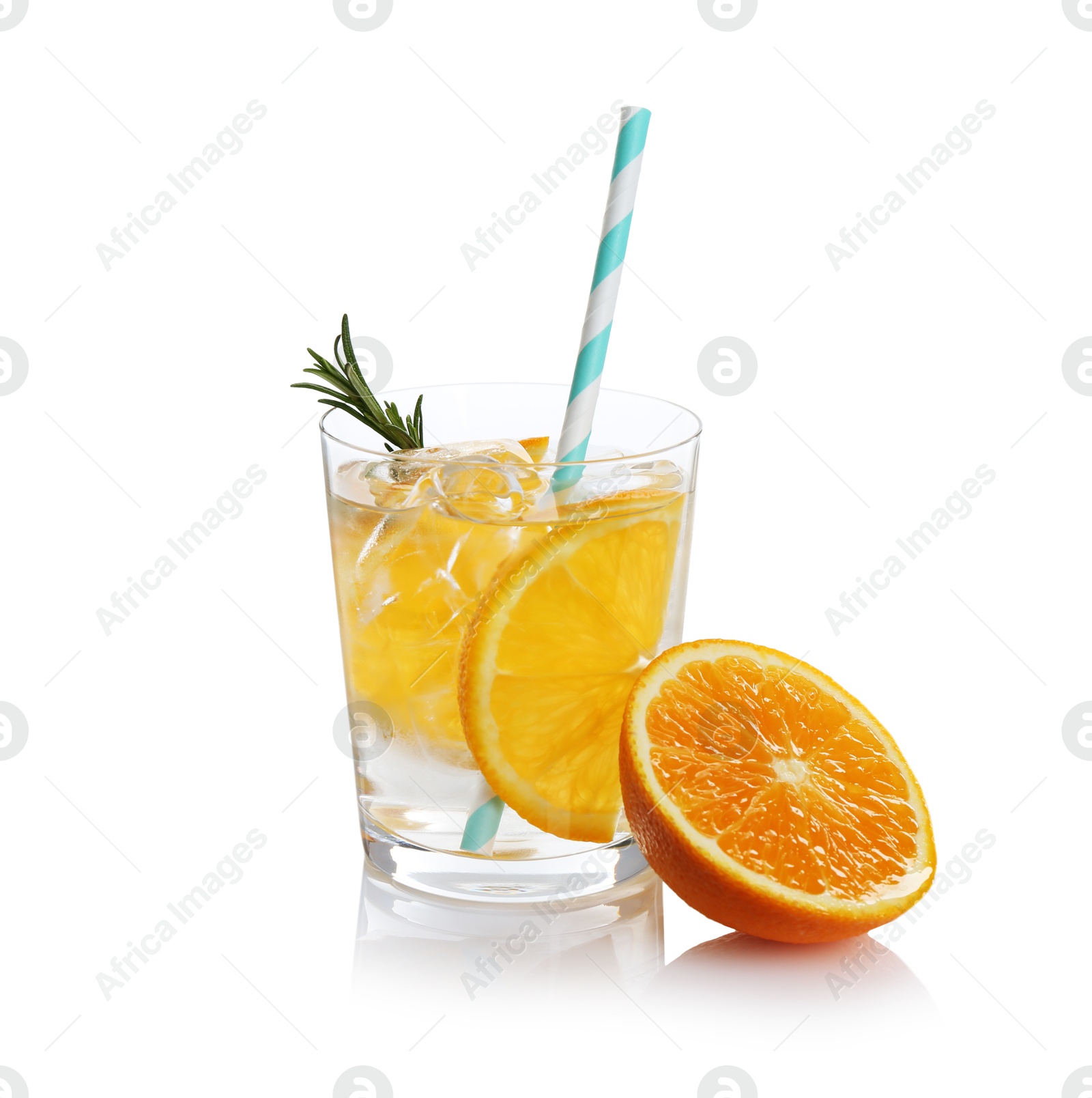 Photo of Sparkling water with orange slices in glass, rosemary and fresh fruit isolated on white