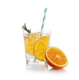 Photo of Sparkling water with orange slices in glass, rosemary and fresh fruit isolated on white