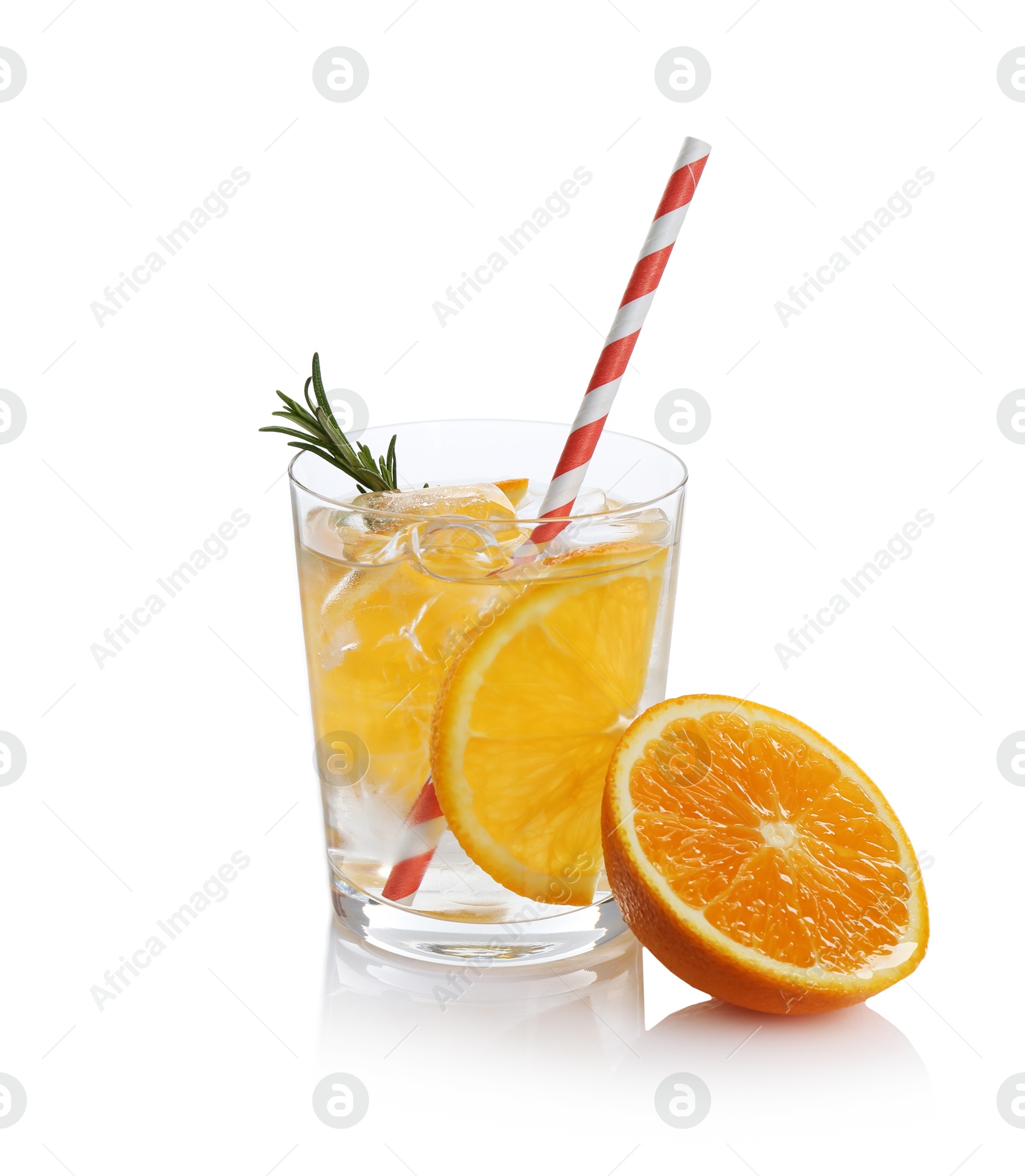 Photo of Sparkling water with orange slices in glass, rosemary and fresh fruit isolated on white