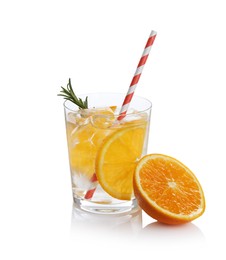 Photo of Sparkling water with orange slices in glass, rosemary and fresh fruit isolated on white