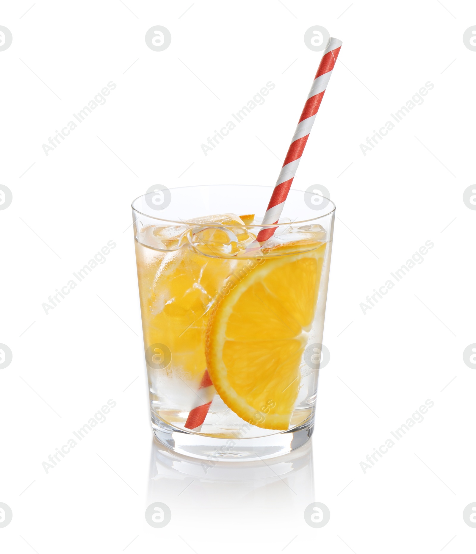 Photo of Sparkling water with orange slices in glass isolated on white