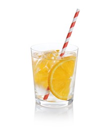 Photo of Sparkling water with orange slices in glass isolated on white
