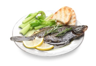Photo of Tasty roasted flounder fish with rosemary, celery, lemon slices and toasted bread isolated on white. Homemade seafood dish